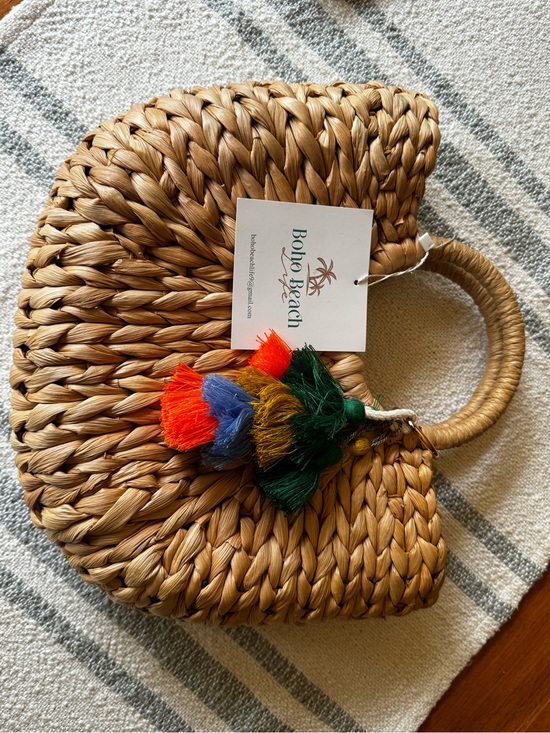 Handbags - Straw Bag with Colorful Tassels - Natural
